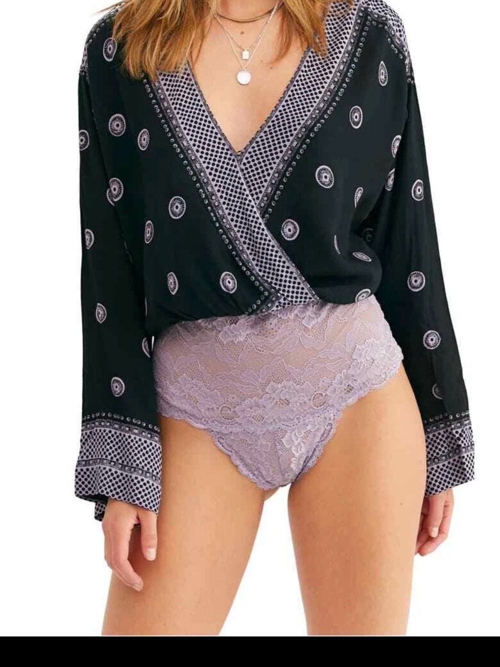 Free People Intimately Black Lavender Paisley Lace Wrap Blouse One Size